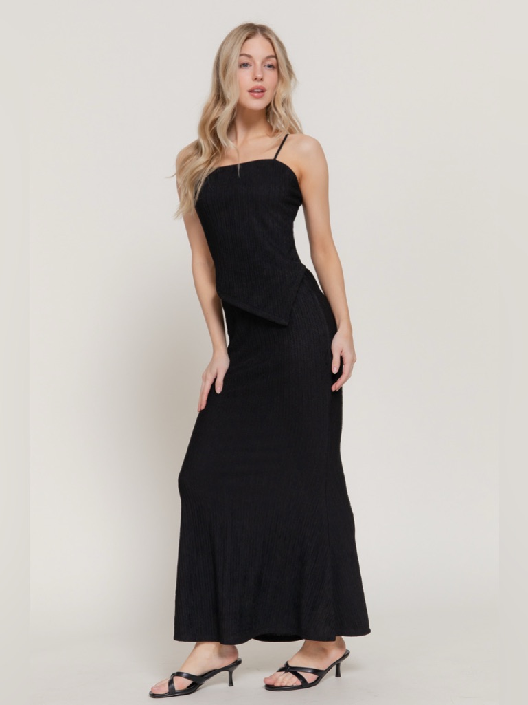 1322 Black Crinkle Stretch Mermaid Skirt & Asymmetric Top 2 Piece Set